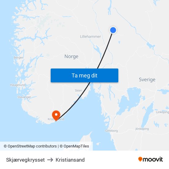 Skjærvegkrysset to Kristiansand map