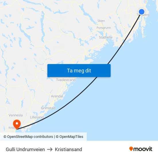 Gulli Undrumveien to Kristiansand map