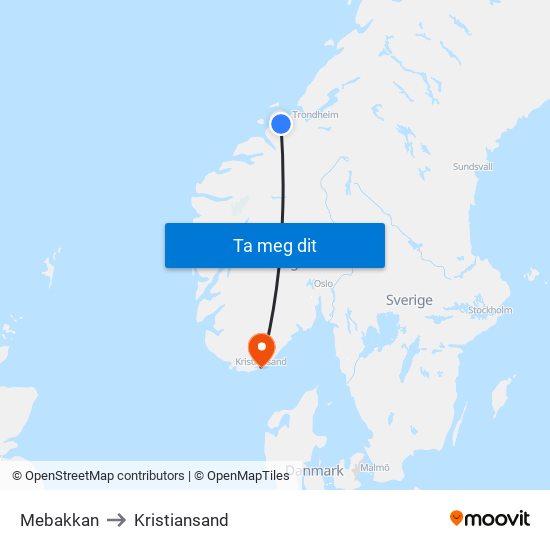 Mebakkan to Kristiansand map