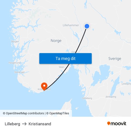 Lilleberg to Kristiansand map