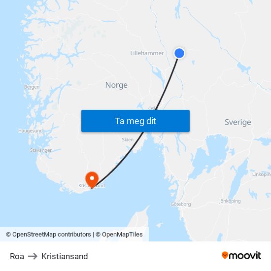 Roa to Kristiansand map