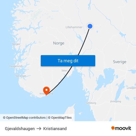 Gjevaldshaugen to Kristiansand map