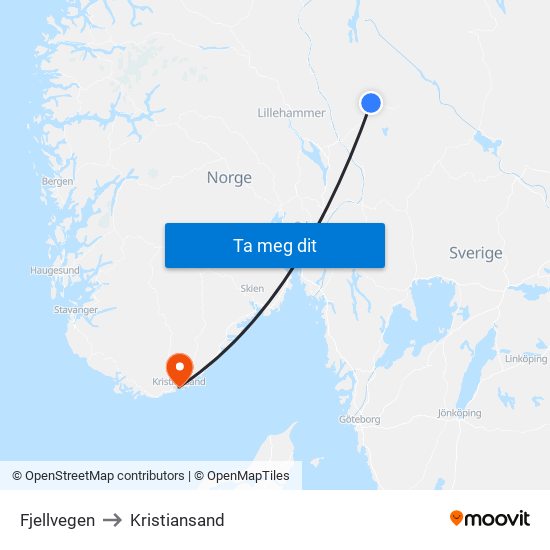 Fjellvegen to Kristiansand map