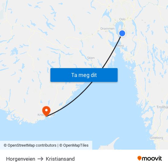 Horgenveien to Kristiansand map