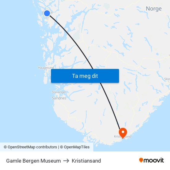 Gamle Bergen Museum to Kristiansand map