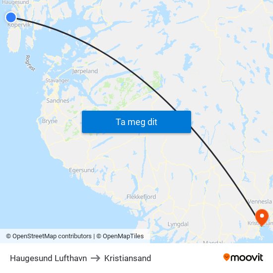 Haugesund Lufthavn to Kristiansand map