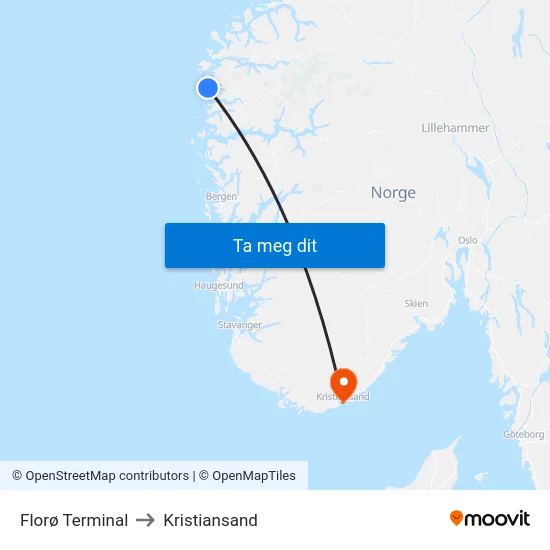 Florø Terminal to Kristiansand map