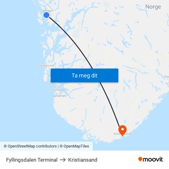 Fyllingsdalen Terminal to Kristiansand map