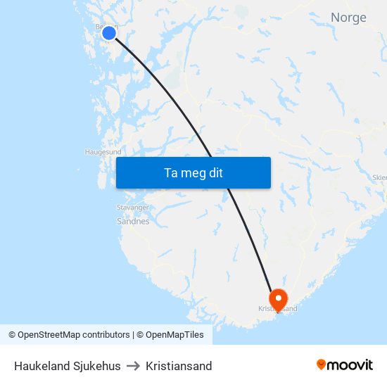 Haukeland Sjukehus to Kristiansand map