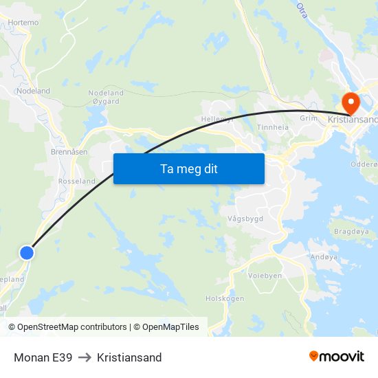 Monan E39 to Kristiansand map