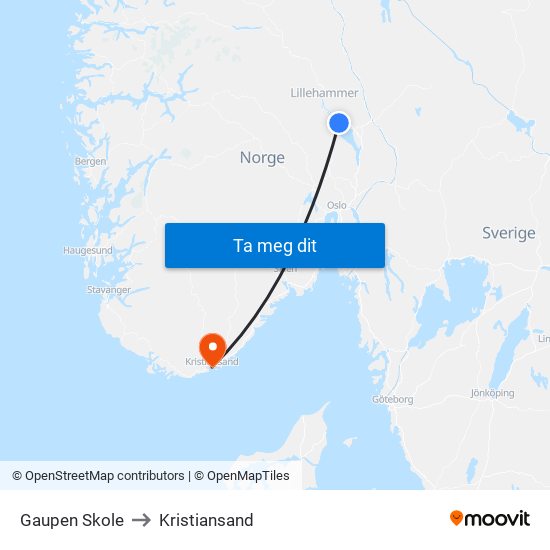 Gaupen Skole to Kristiansand map