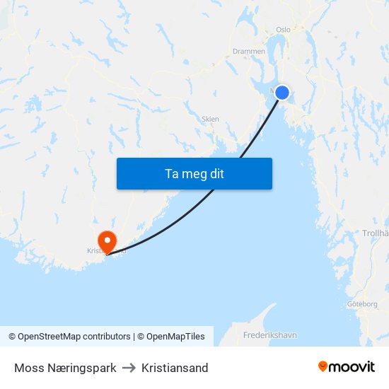 Moss Næringspark to Kristiansand map