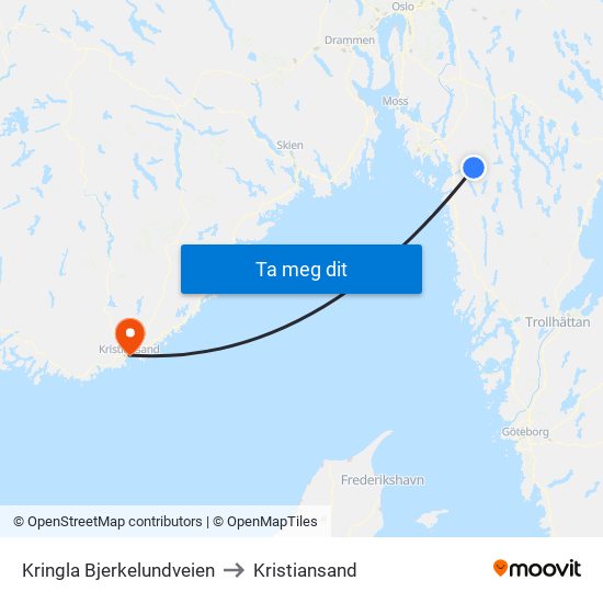 Kringla Bjerkelundveien to Kristiansand map