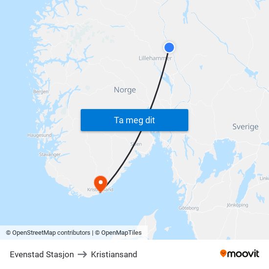 Evenstad Stasjon to Kristiansand map