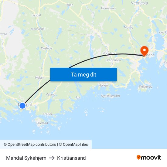Mandal Sykehjem to Kristiansand map