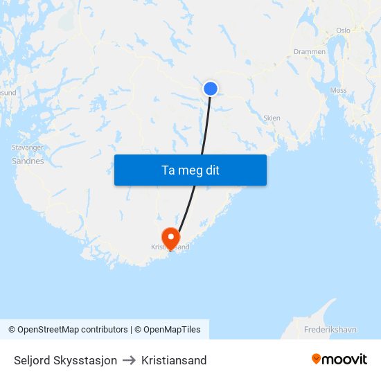 Seljord Skysstasjon to Kristiansand map