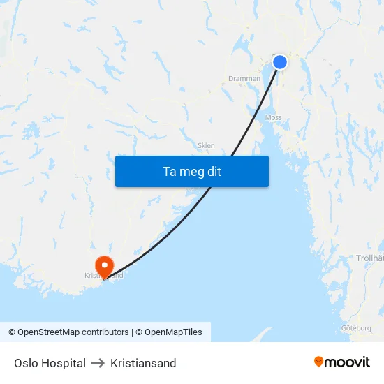 Oslo Hospital to Kristiansand map