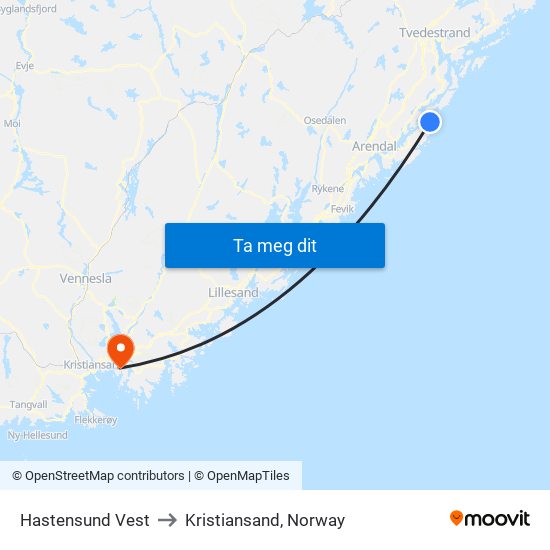 Hastensund Vest to Kristiansand, Norway map