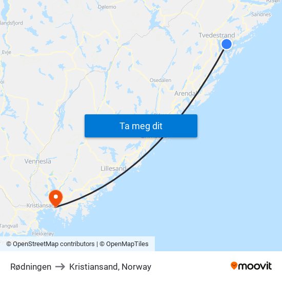 Rødningen to Kristiansand, Norway map
