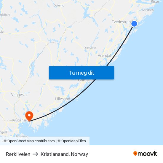 Rørkilveien to Kristiansand, Norway map