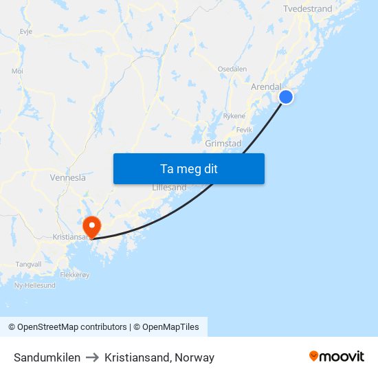 Sandumkilen to Kristiansand, Norway map