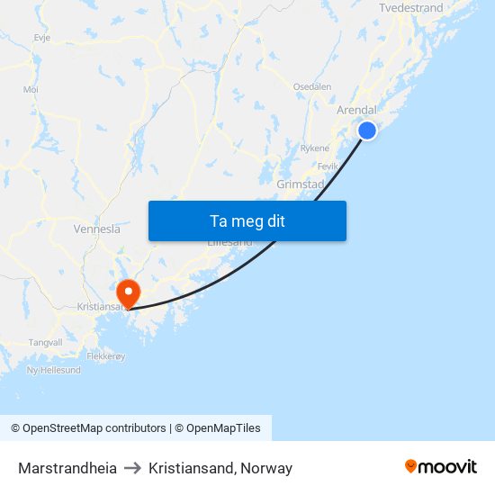 Marstrandheia to Kristiansand, Norway map