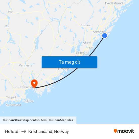 Hofstøl to Kristiansand, Norway map