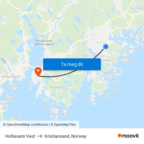 Holtevann Vest to Kristiansand, Norway map