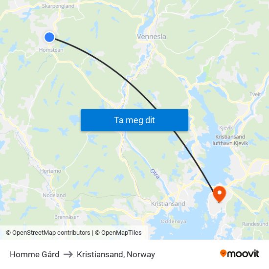 Homme Gård to Kristiansand, Norway map