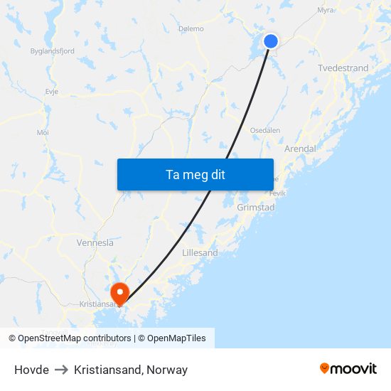 Hovde to Kristiansand, Norway map
