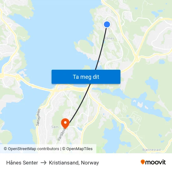 Hånes Senter to Kristiansand, Norway map