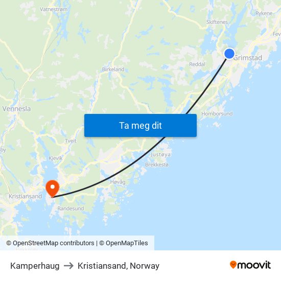 Kamperhaug to Kristiansand, Norway map