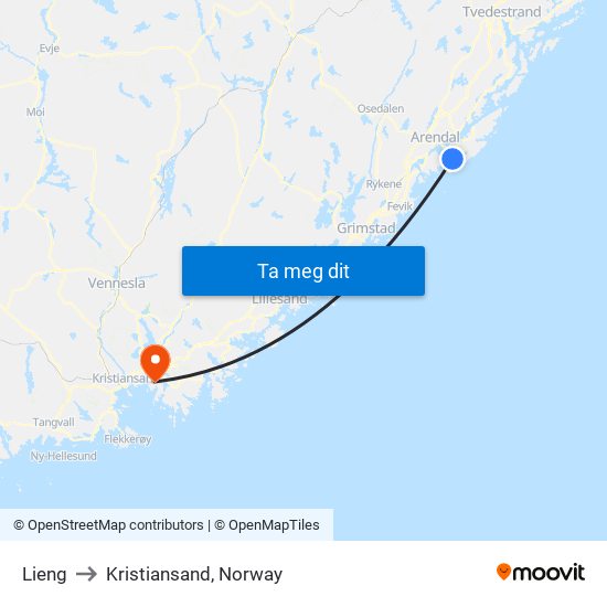 Lieng to Kristiansand, Norway map