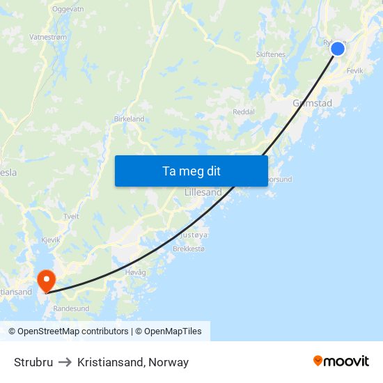 Strubru to Kristiansand, Norway map