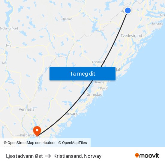 Ljøstadvann Øst to Kristiansand, Norway map