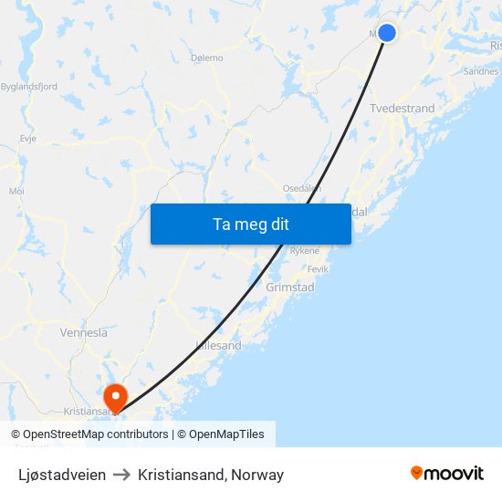Ljøstadveien to Kristiansand, Norway map