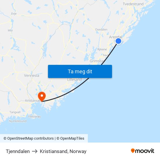 Tjenndalen to Kristiansand, Norway map