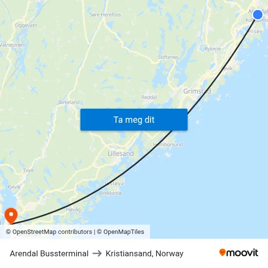 Arendal Bussterminal to Kristiansand, Norway map