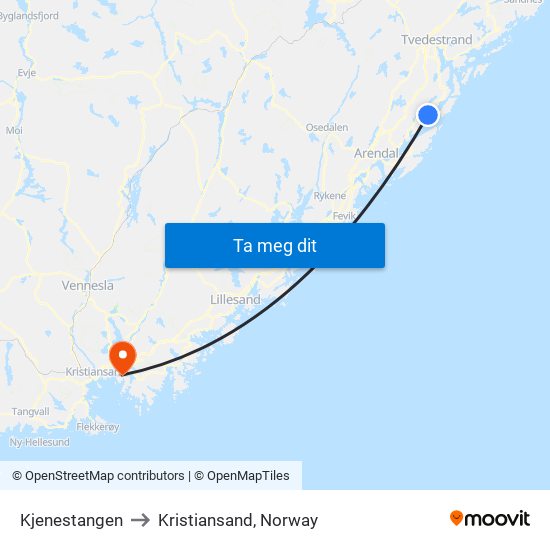 Kjenestangen to Kristiansand, Norway map