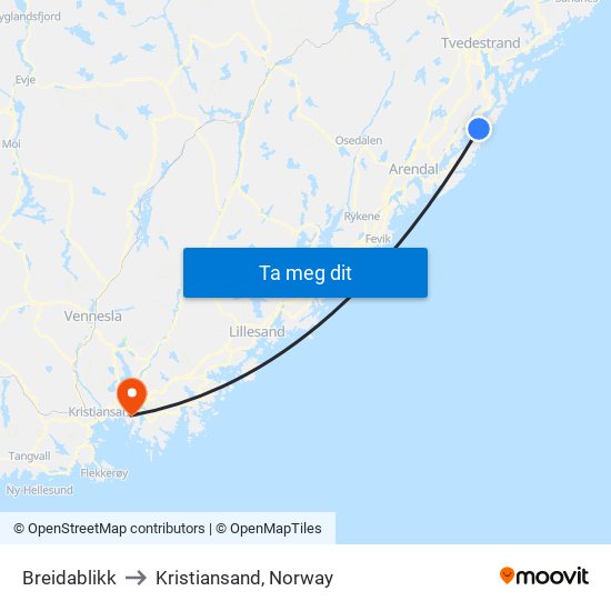 Breidablikk to Kristiansand, Norway map