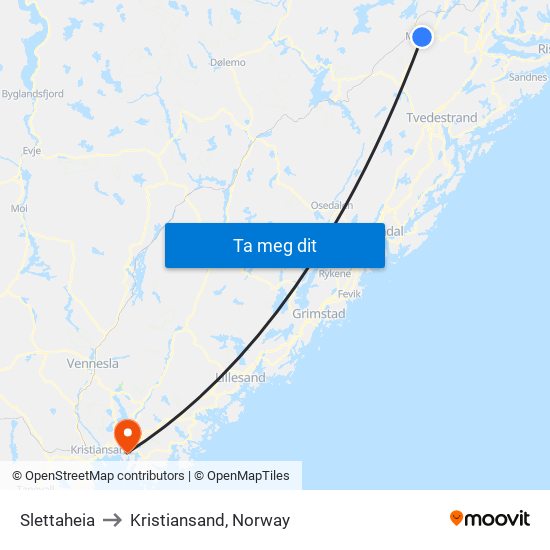 Slettaheia to Kristiansand, Norway map