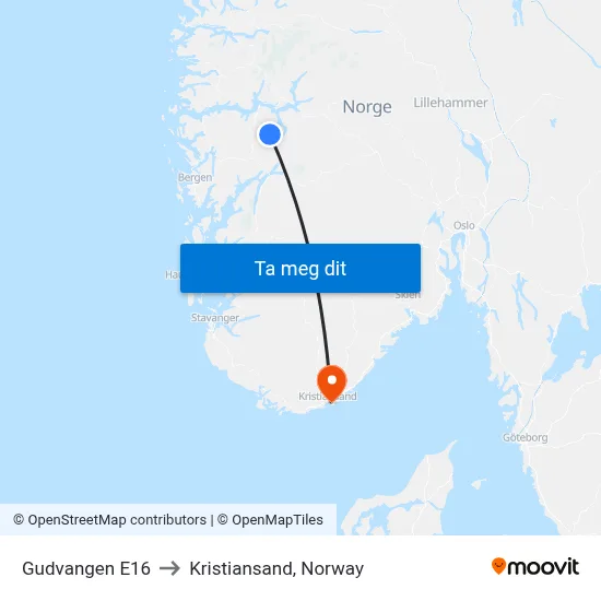 Gudvangen E16 to Kristiansand, Norway map
