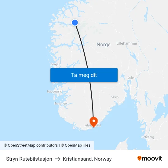 Stryn Rutebilstasjon to Kristiansand, Norway map