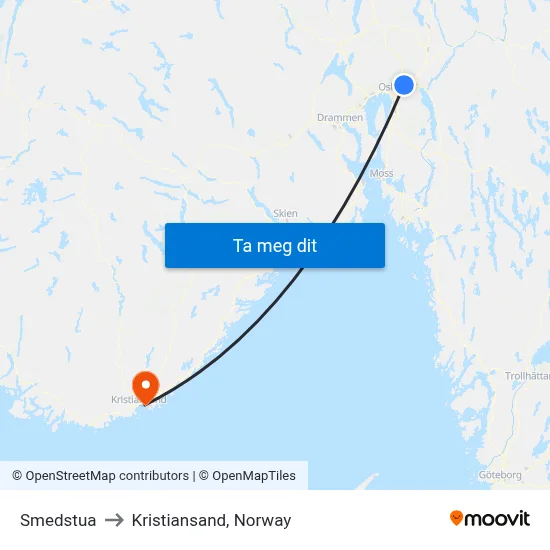 Smedstua to Kristiansand, Norway map