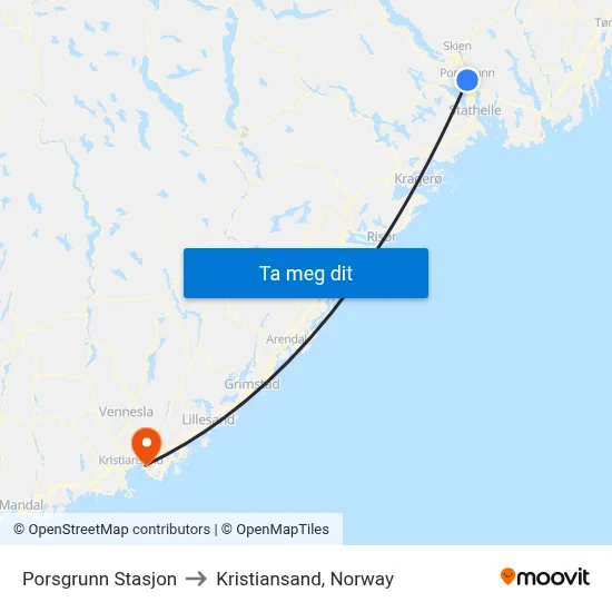 Porsgrunn Stasjon to Kristiansand, Norway map