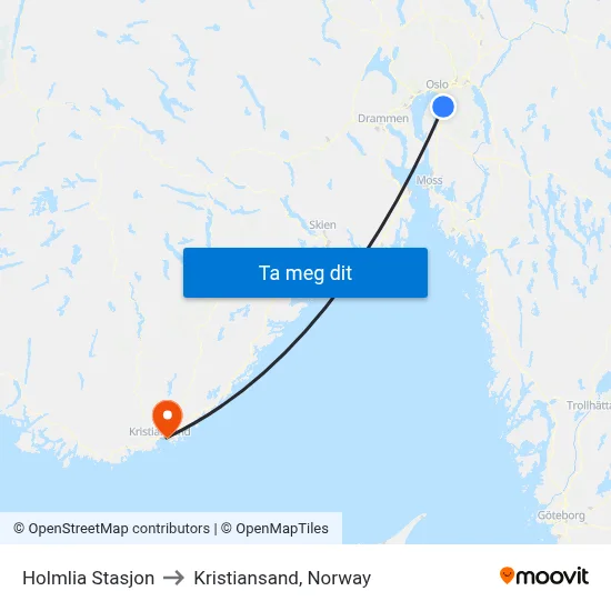 Holmlia Stasjon to Kristiansand, Norway map