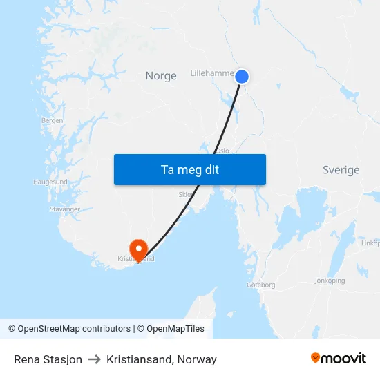Rena Stasjon to Kristiansand, Norway map
