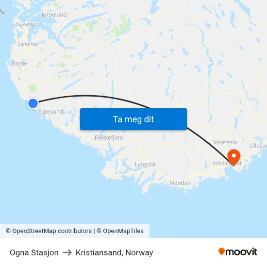 Ogna Stasjon to Kristiansand, Norway map