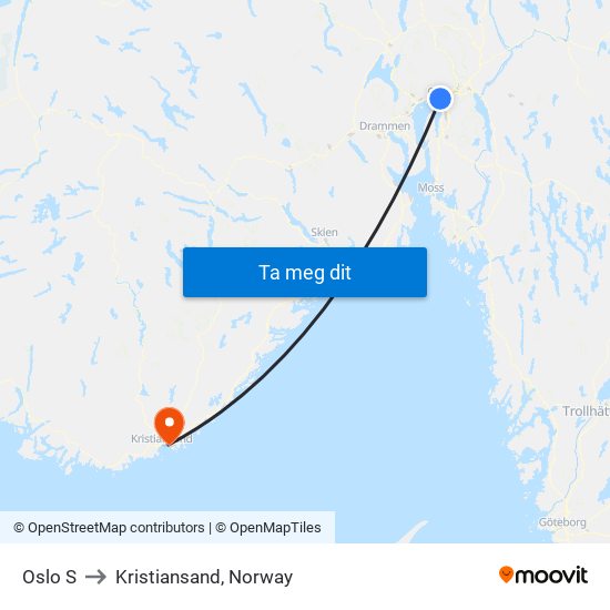 Oslo S to Kristiansand, Norway map