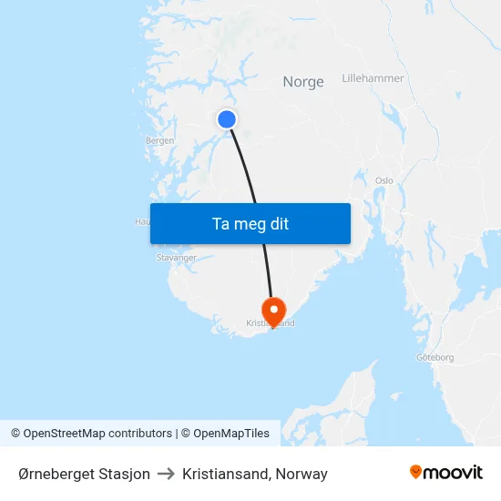 Ørneberget Stasjon to Kristiansand, Norway map